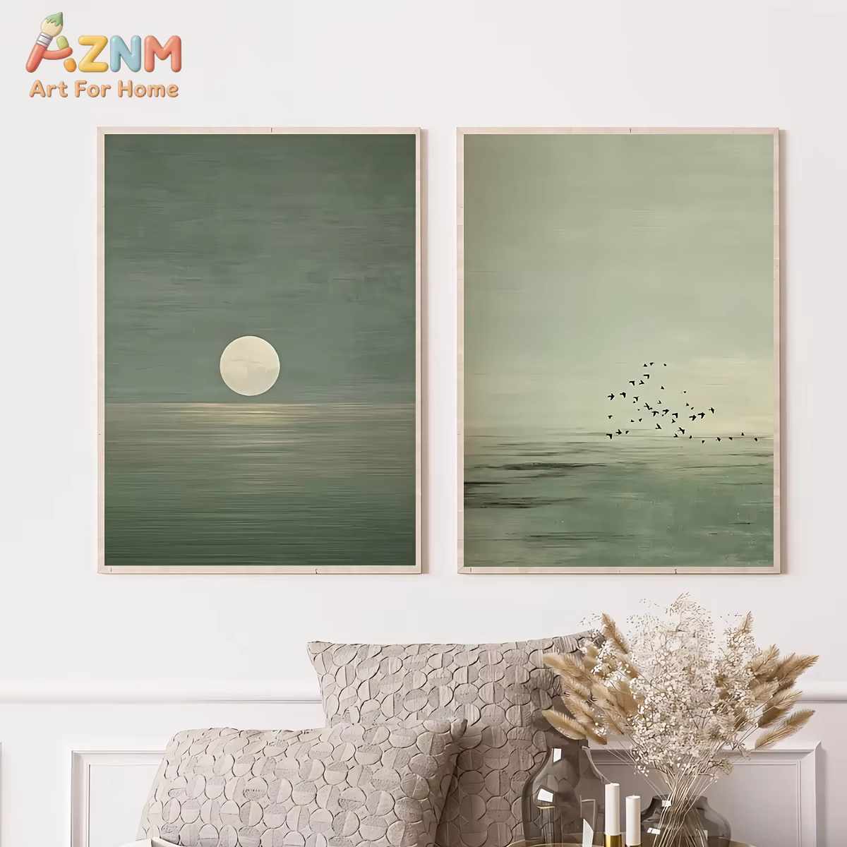 Home Decor Green - 2pcs/set Japanese Sage Green Abstract Canvas